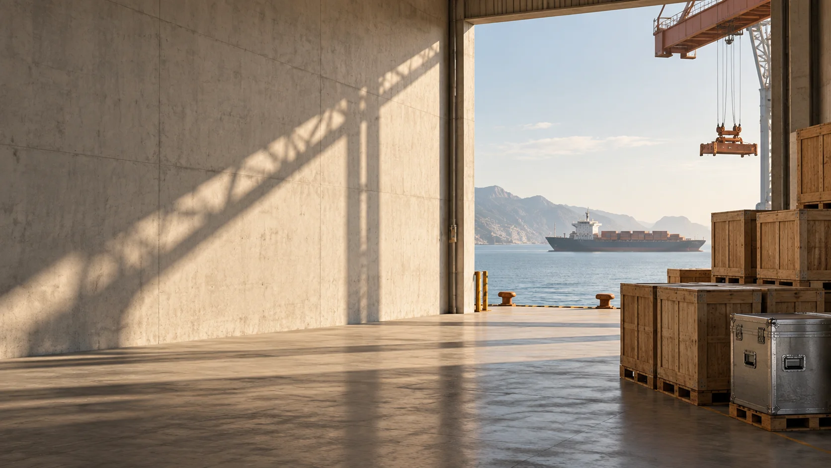 Conceptual export crates beside a sunlit port loading bay
