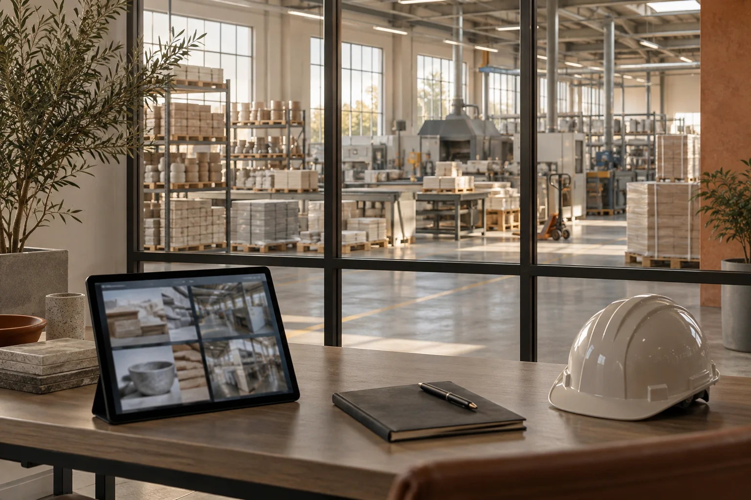 Conceptual on-site visit with a tablet and inspection notes in a bright facility
